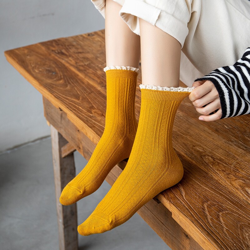 

Frill Trim Crew Socks, Mustard yellow
