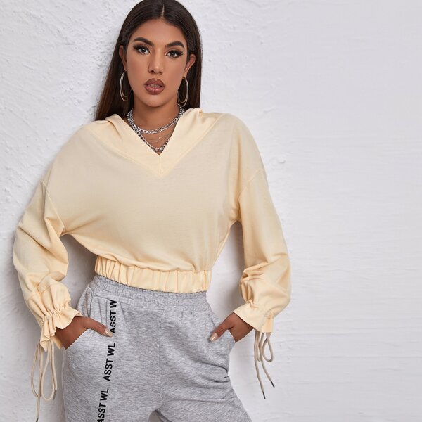 

Drawstring Knot Drop Shoulder Hoodie, Apricot