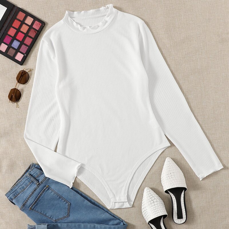 

Solid Ribbed Lettuce Trim Bodysuit, White