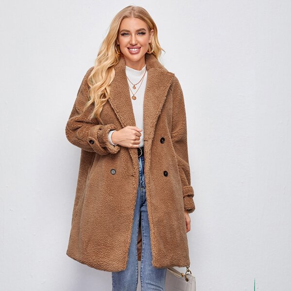 

Notched Collar Double Breasted Teddy Coat, Camel