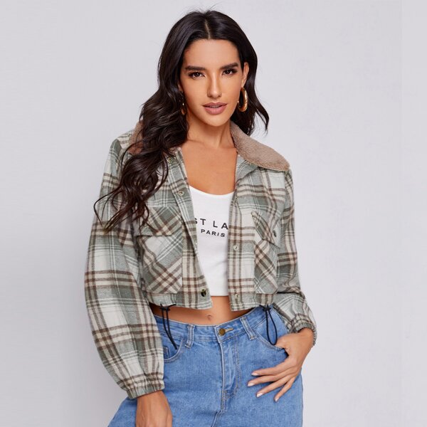 

Faux Shearling Trim Drawstring Hem Plaid Jacket, Multicolor