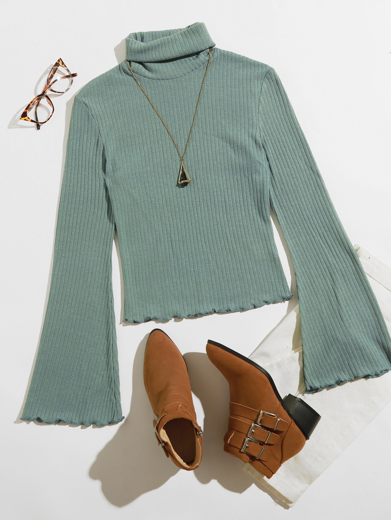 Plus Turtle Neck Lettuce Trim Rib-knit Top thumbnail