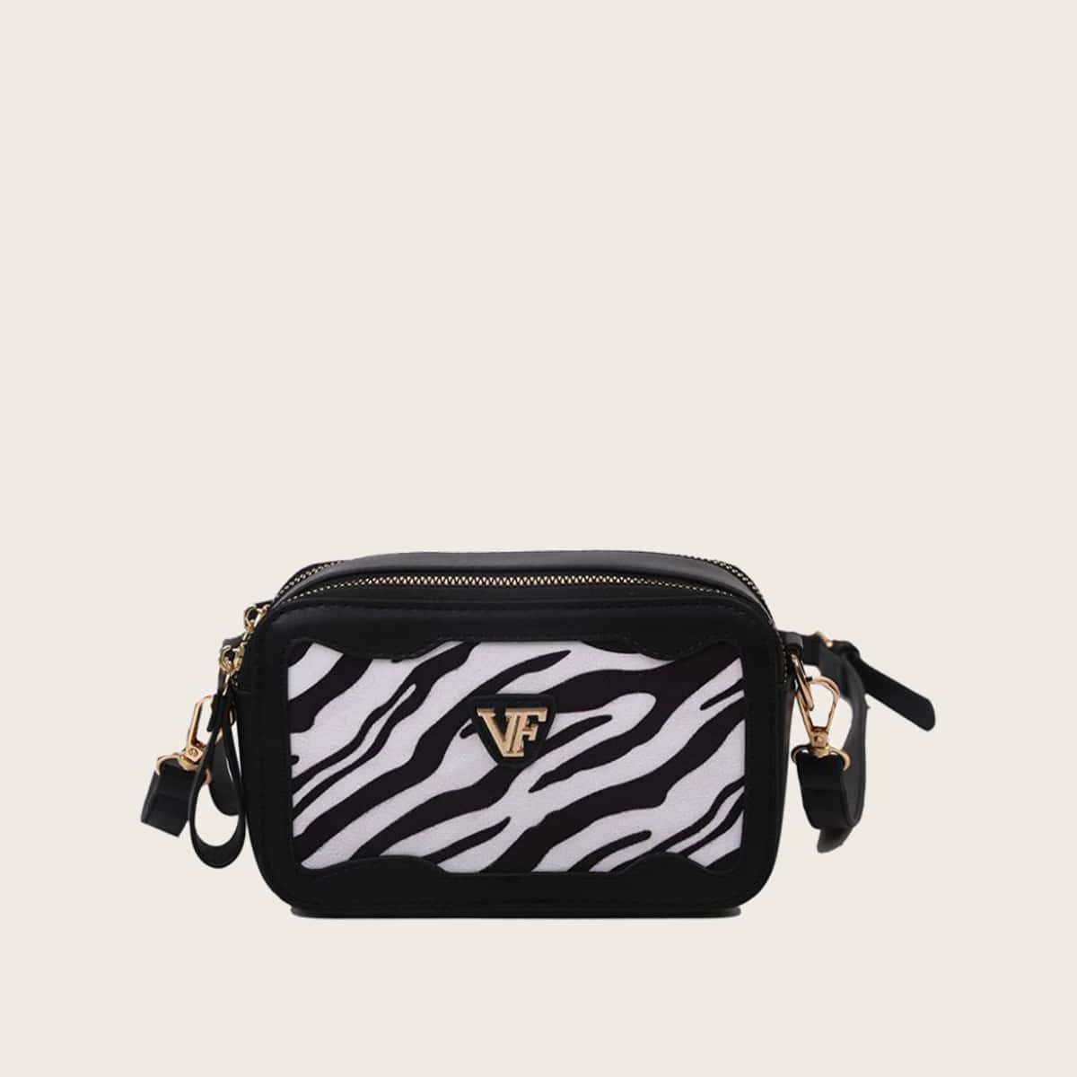 

Zebra Striped Crossbody Bag, Black and white