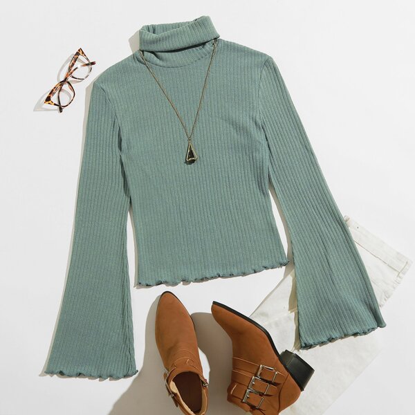 

Plus Turtle Neck Lettuce Trim Rib-knit Top, Cadet blue