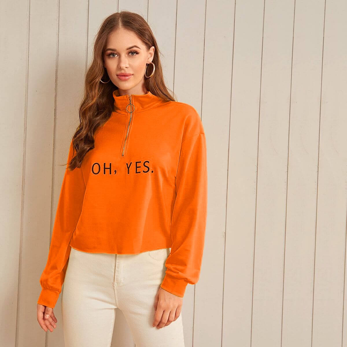 

Letter Print O-Ring Half Zip Sweatshirt, Orange