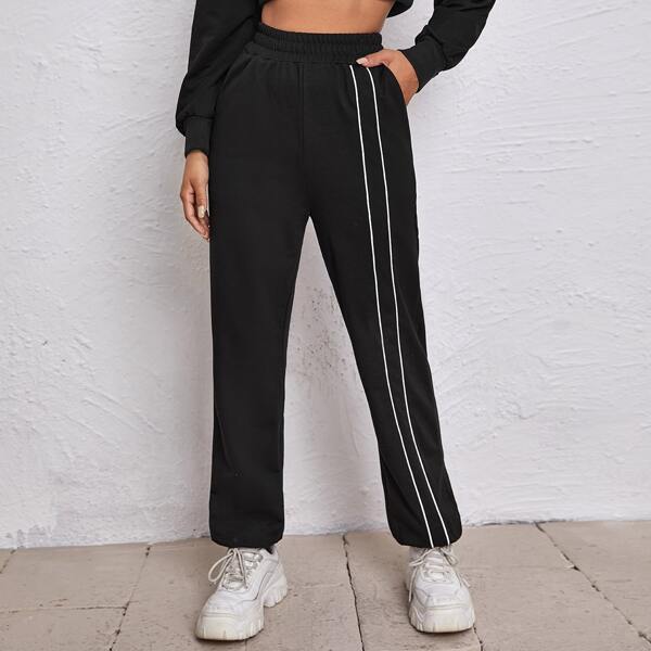 

Elastic Waist Pocket Side Striped Pants, Black