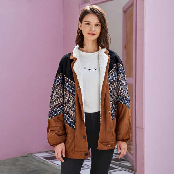 

Notched Collar Teddy Lined Geo Jacquard Coat, Multicolor