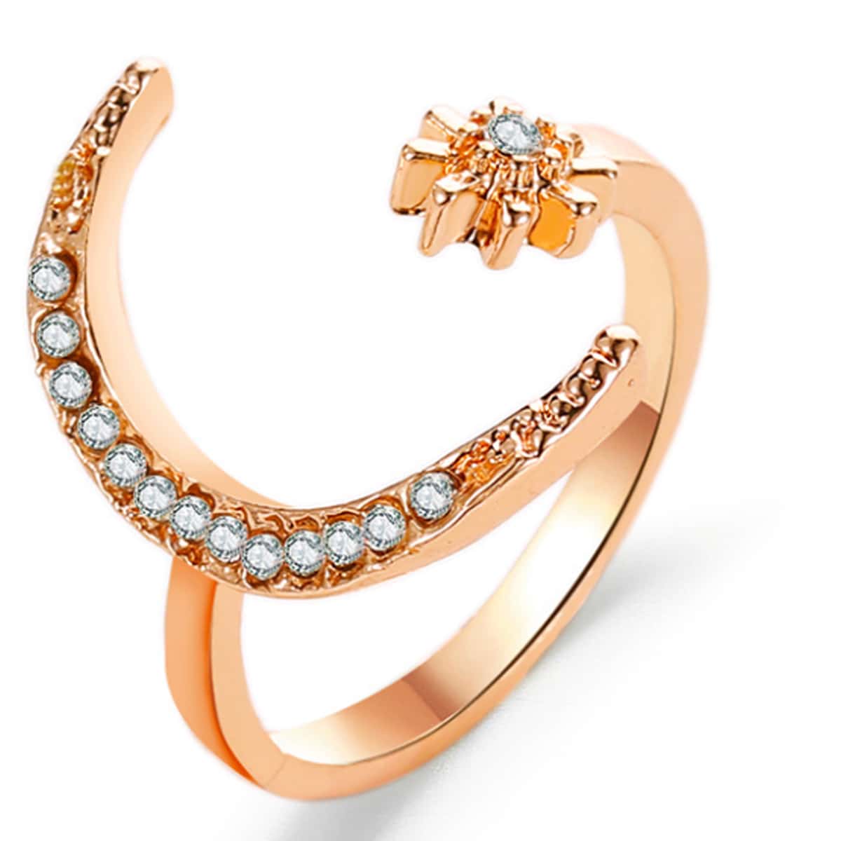 

Rhinestone Star & Moon Ring, Gold