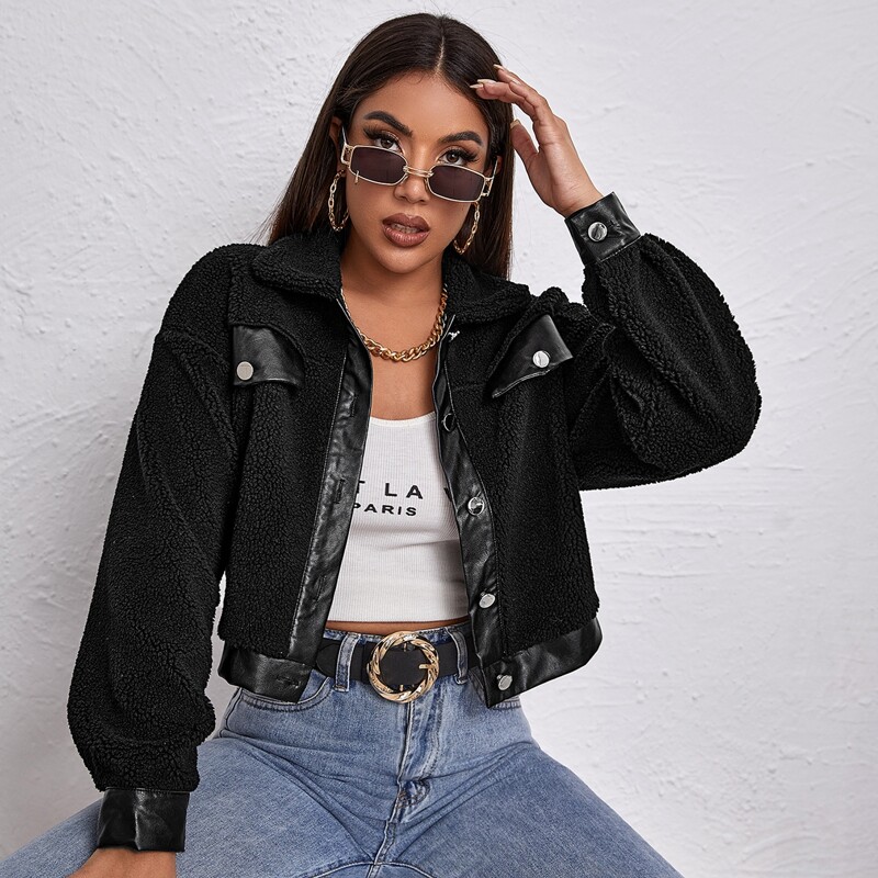 

Drop Shoulder Button Front Teddy Crop Jacket, Black