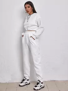 SHEIN Unity Waffle Knit Sweatshirt & Slant Pocket Trousers Set - White - View 5