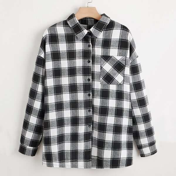 

Plus Pocket Front Drop Shoulder Gingham Coat, Black and white
