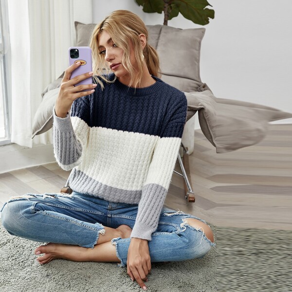 

Cable Knit Colorblock Sweater, Multicolor