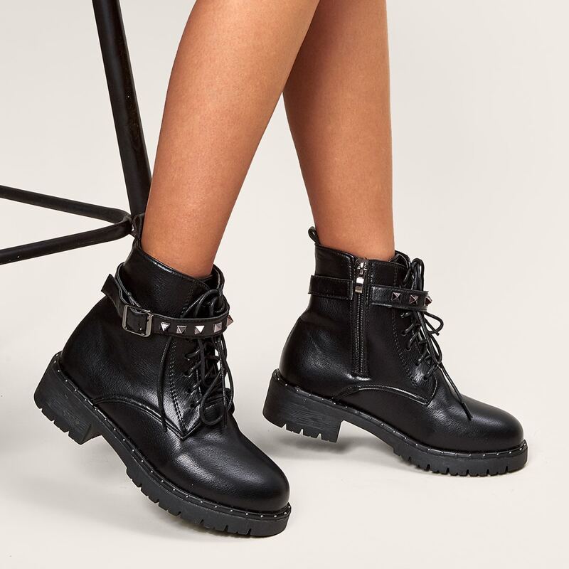 

Studded & Buckle Decor Combat Boots, Black