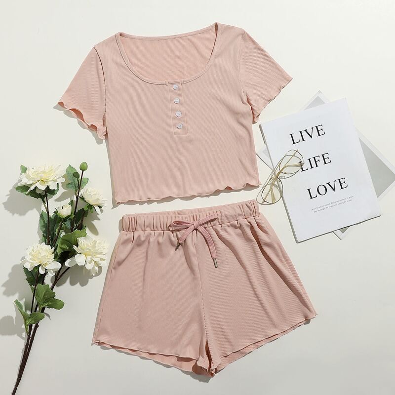 

Solid Lettuce Trim Crop Tee & Tie Front Shorts, Dusty pink