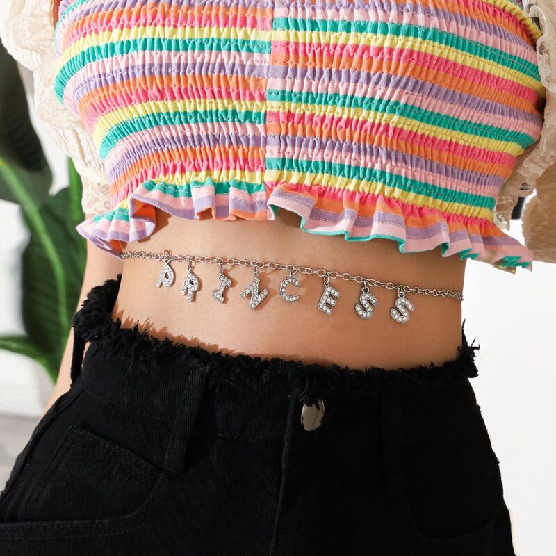 

Rhinestone Letter Charm Waist Chain, Silver