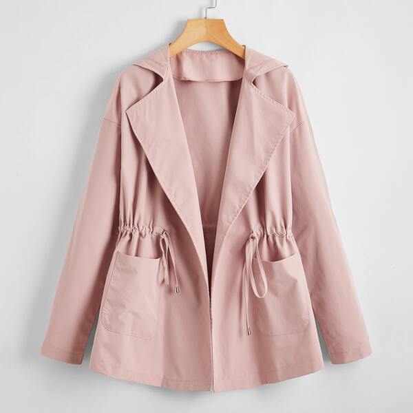 

Drawstring Waist Double Pocket Hooded Coat, Dusty pink