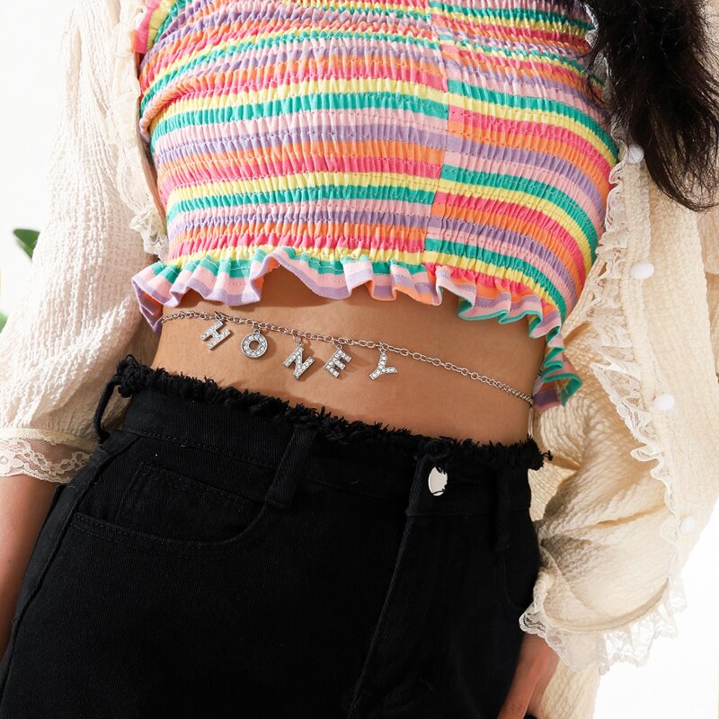 

Rhinestone Letter Charm Waist Chain, Silver