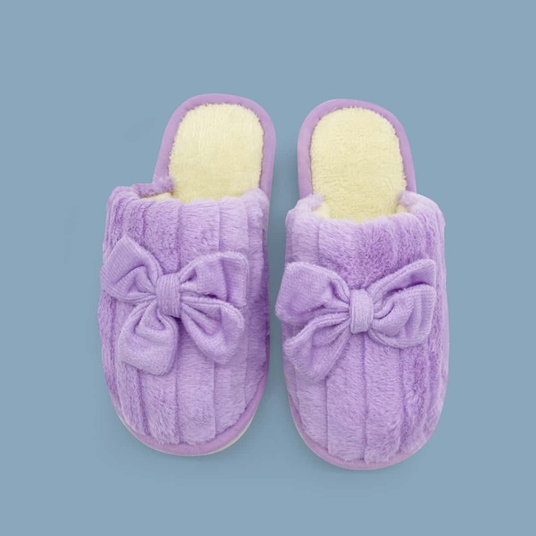 

Bow Decor Textured Fluffy Slippers, Purple