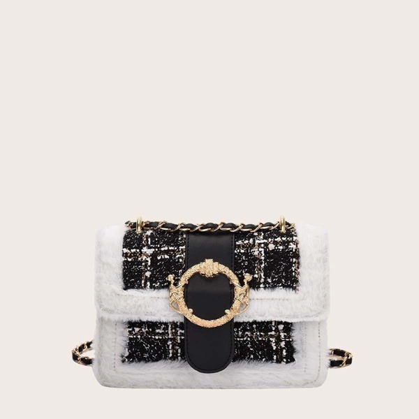 

Contrast Faux Fur Tweed Shoulder Bag, Black