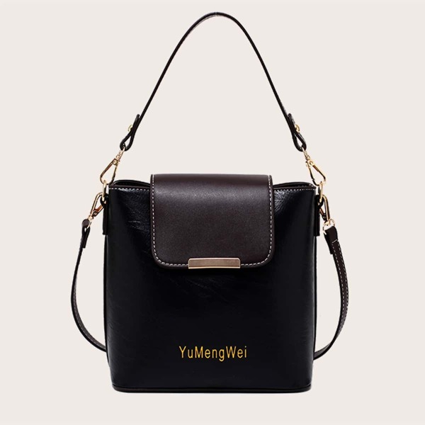 

Letter Graphic Flap Bucket Bag, Black