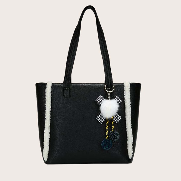 

Contrast Fur Decor Tote Bag, Black