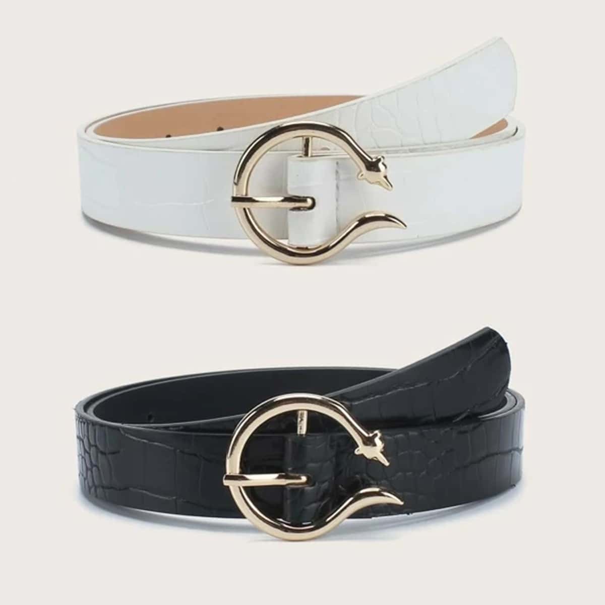 

2pcs Croc Embossed Buckle Belt, Black and white