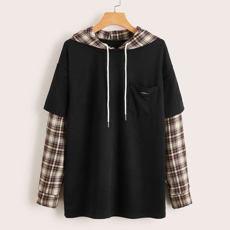 

2 In 1 Plaid Letter Drawstring Hoodie, Black