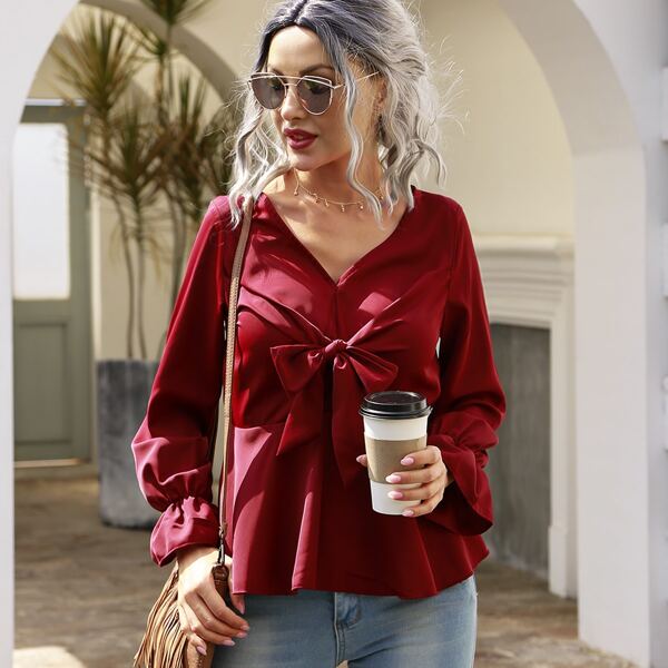 

Solid Tie Front Peplum Blouse, Burgundy