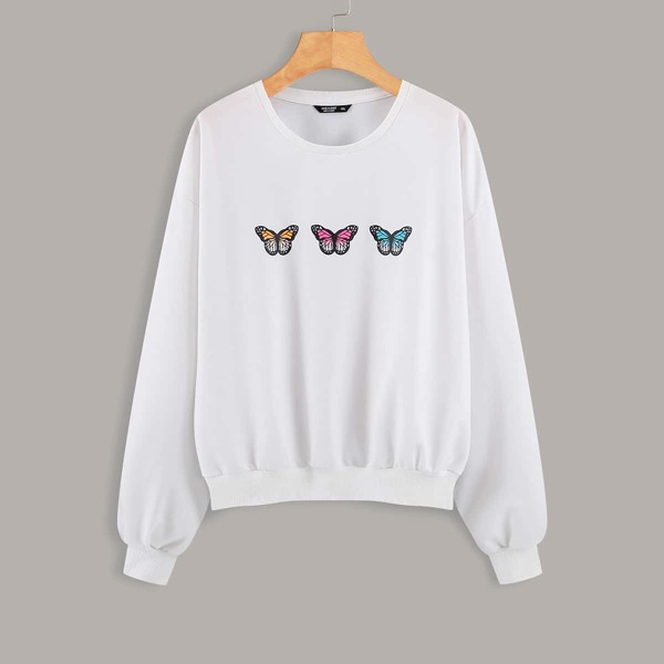 

Plus Butterfly Print Drop Shoulder Sweatshirt, White
