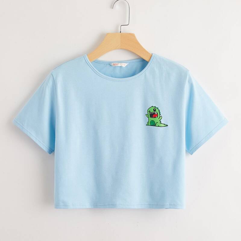 

Dinosaur Cartoon Graphic Crop Tee, Baby blue