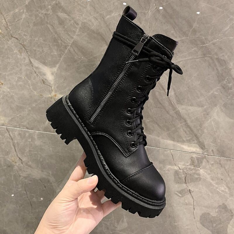 

Zip Side Lace-up Front Combat Boots, Black