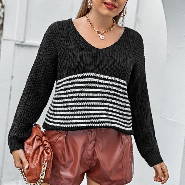 

Plus Striped Drop Shoulder Sweater, Black and white