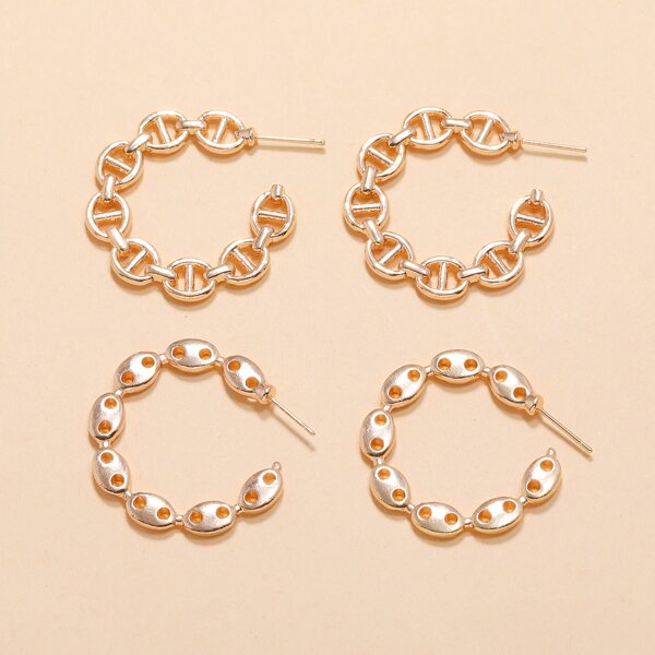 

2pairs Chain Hoop Earrings, Gold