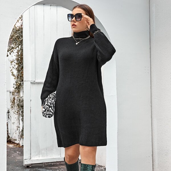 

Plus High Neck Drop Shoulder Sweater Dress, Black
