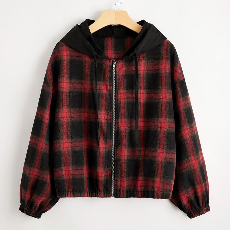 

Tartan Plaid Drawstring Hooded Jacket, Multicolor