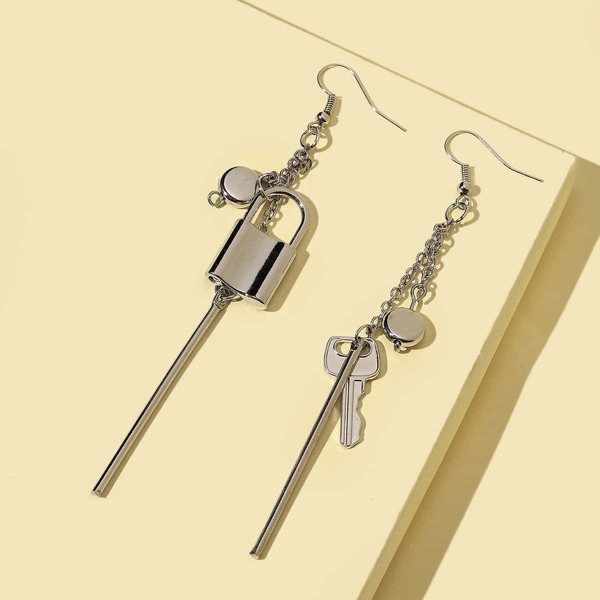 

Lock Key Drop Earrings, Silver