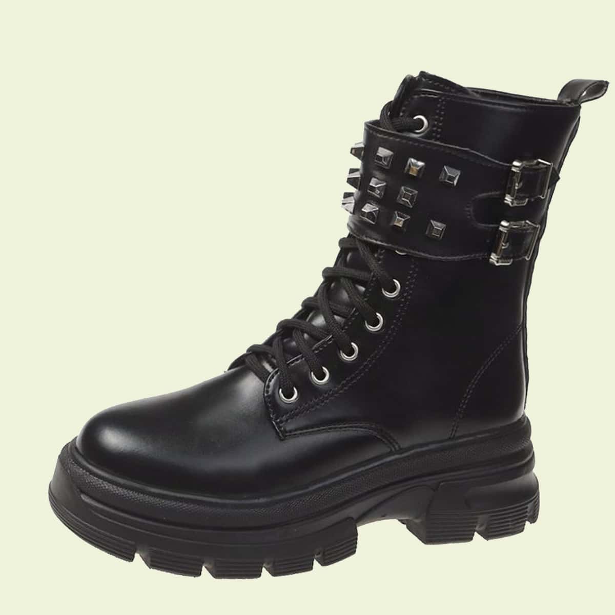 

Studded Decor Lace-up Front Combat Boots, Black