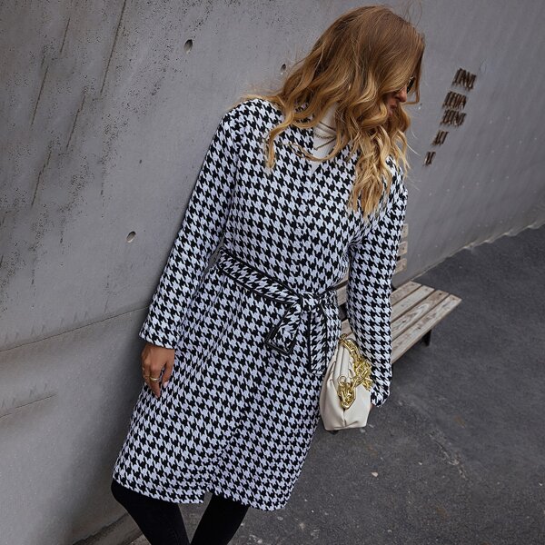 

Tweed Houndstooth Belted Open Front Coat, Black and white