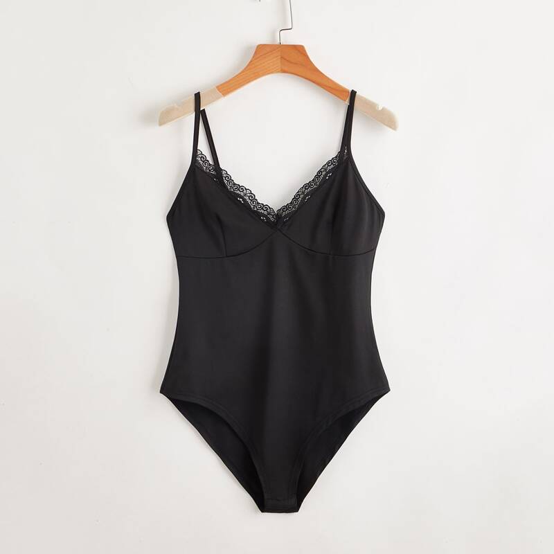 

Solid Contrast Lace Cami Bodysuit, Black