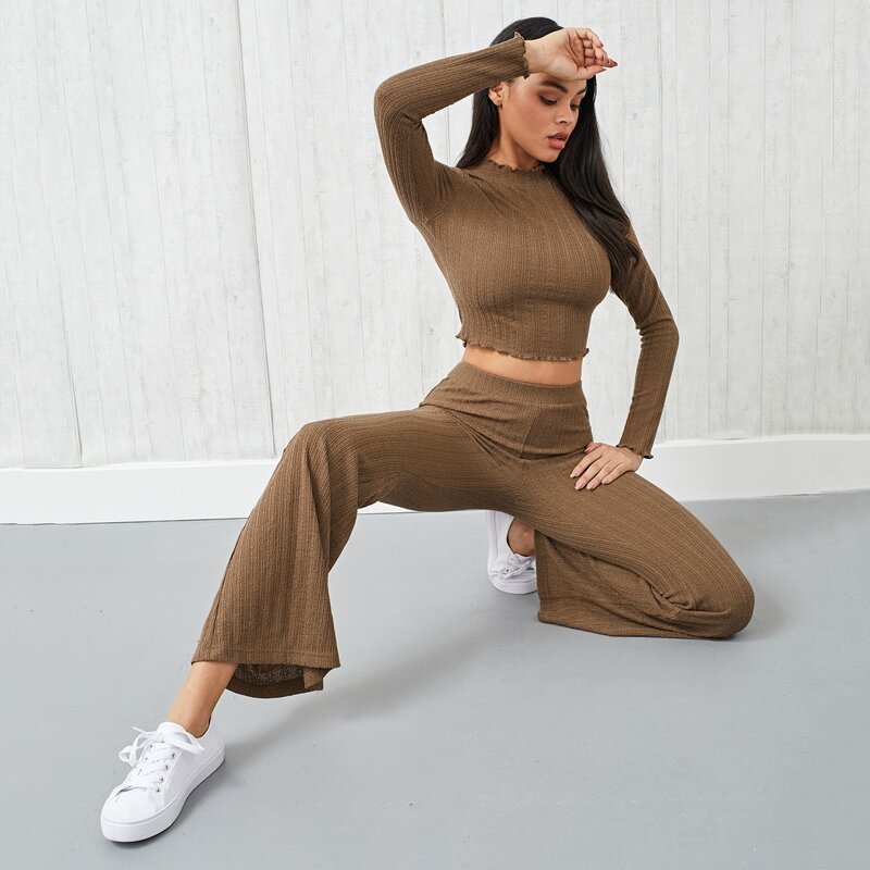 

Lettuce Trim Crop Top & Flare Leg Pants Set, Mocha brown
