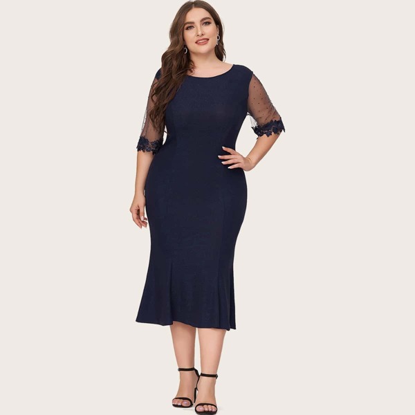 

Plus Lace Trim Swiss Dot Sleeve Mermaid Hem Dress, Navy blue