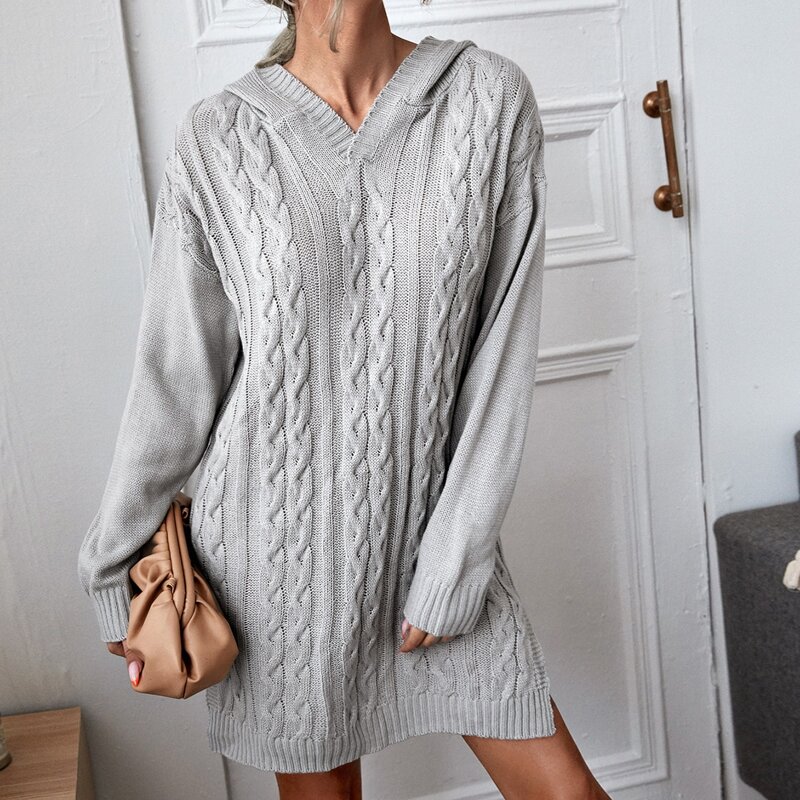 

Cable Knit Hooded Sweater Dress, Grey