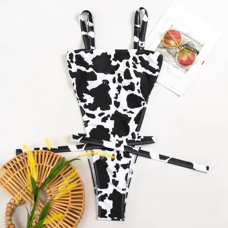 

Cow Print High Leg One Piece Swimsuit, Black and white