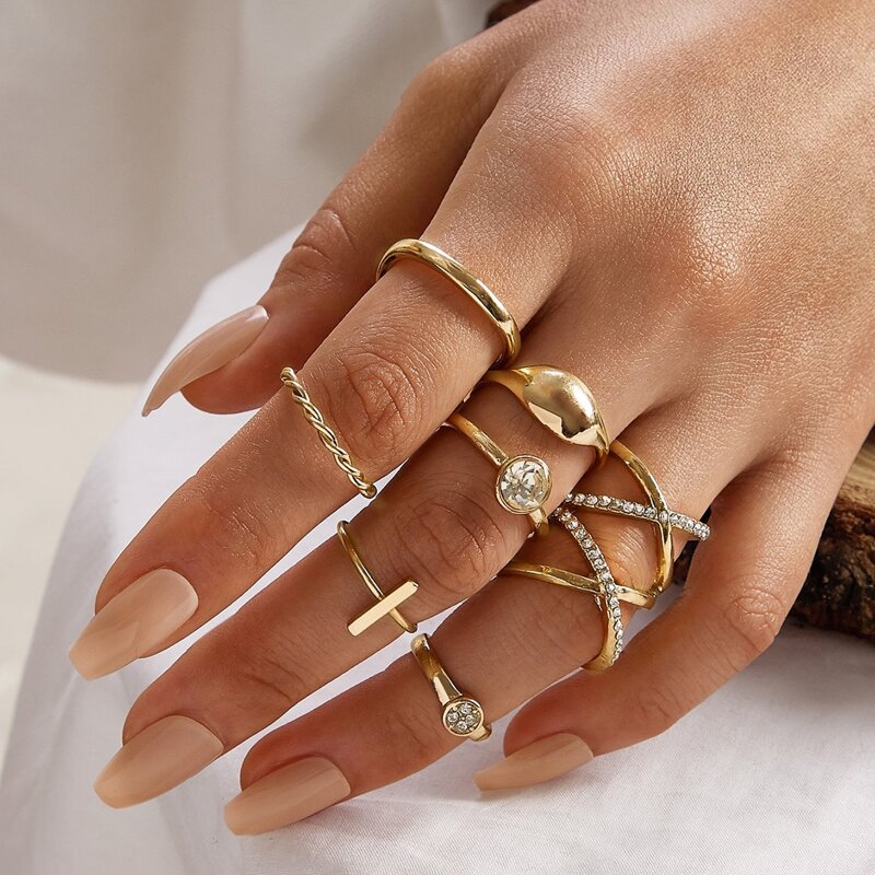 

8pcs Rhinestone Decor Ring Set, Gold