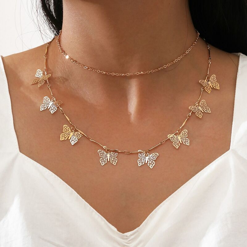 

Hollow Butterfly Layered Necklace, Gold