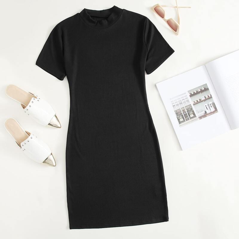 

Solid Ribbed Bodycon Dress, Black