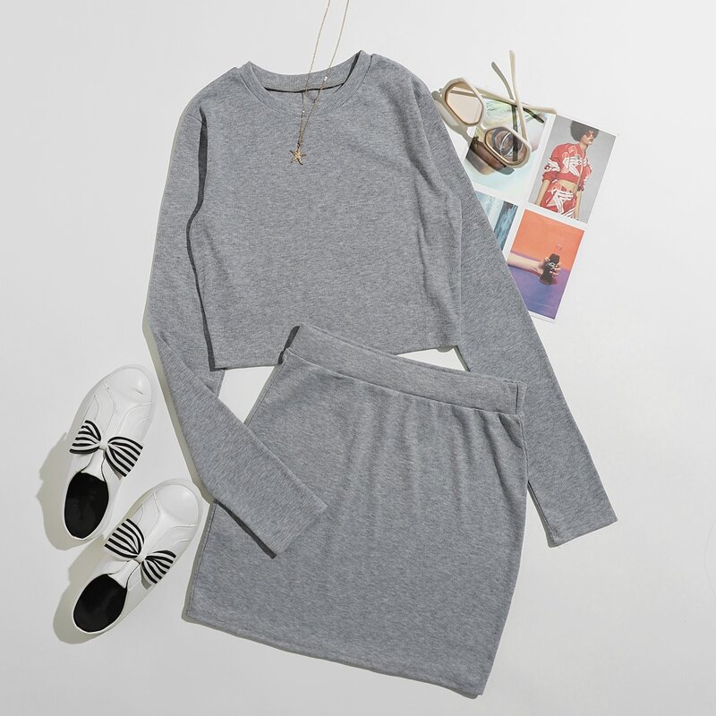 

Solid Ribbed Crop Tee & Skirt, Grey
