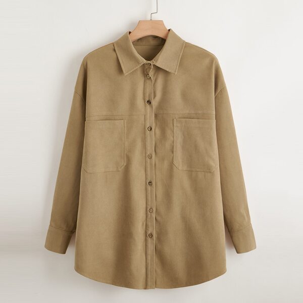 

Plus Corduroy Pocket Patched Button Front Coat, Khaki