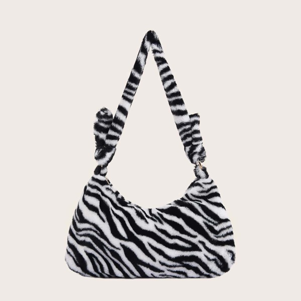 

Zebra Striped Pattern Fluffy Baguette Bag, Black and white