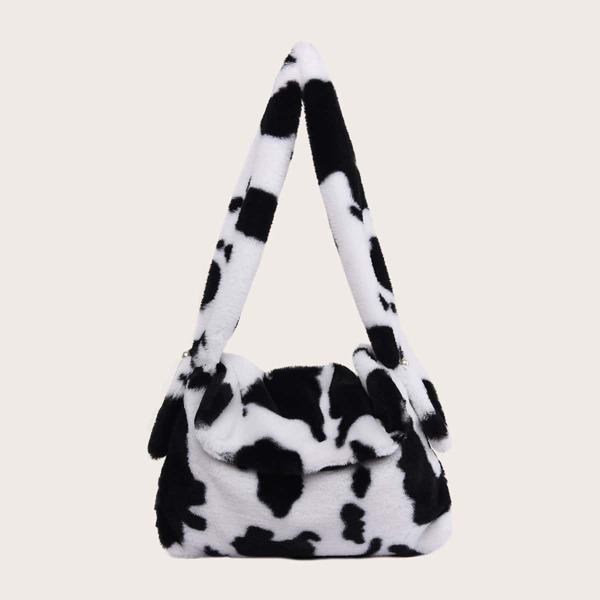 

Cow Pattern Flap Fluffy Shoulder Bag, Black and white